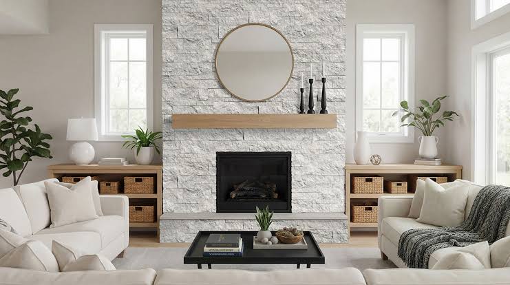 XL Laguna Gray Living Room Fireplace Installation, AI generated