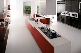 red kitchen units white corian