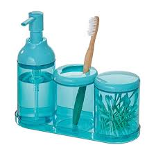Aber auch ein ganzes set mit seifenspender, zahnputzbecher und anderen badaccessoires bringt eine angenehme optik in dein gesamtes badezimmer. Blau Zahnburstenhalter Idesign Badezimmer Set Wattepadspender Und Tablett Aus Kunststoff Vierteilige Badgarnitur Mit Seifenspender Badaccessoires Fur Den Waschtisch Bad Frottierwaren Badaccessoires