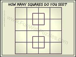 Each of the following math puzzles with answers includes an image graphic. How Many Squares Puzzle With Answer