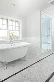 Check spelling or type a new query. Long Bathroom With Carrera Marble Hexagon Tiles And Gray Border Tiles Transitional Bathroom