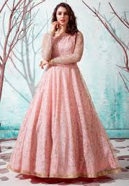 Foil Printed Net Gown In Peach Tbz46