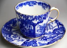 Glorious blue and gold floral pattern cup and saucer in singing garden pattern. Our Antique Teacup Collection Ginza Gomei Akita Beef Teppanyaki