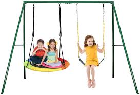 Amazon Com Trekassy 440lbs 2 Seat Swing Set 1 Saucer Swing Seat And 1 Belt Swing Seat With Heavy Duty A Frame Metal Swing Stand Toys Games