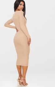 Basic Stone Ribbed Long Sleeve Midi Dress In 2020 Long Sleeve Midi Dress Long Sleeve Midi Dresses