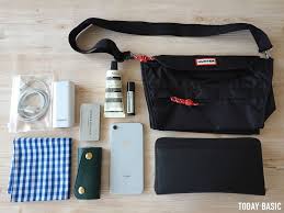 hunter パッカブル ショルダーバッグ の収納例 軽量で雨の日も使いやすい ブログレビュー ショルダーバッグ メンズ コーデ カバンの中身