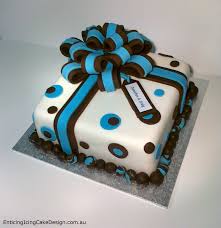 Square Gift Box Bow Cake In Blue Brown And White Fondant Cake Icing Cake Design Gift Box Cakes