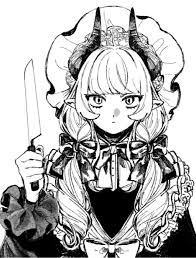 minai mosa, original, highres, 1girl, bonnet, bow, bowtie, closed mouth,  frilled sleeves, frills, greyscale, hand up, holding, holding knife, knife,  looking at viewer, low twintails, monochrome, pointy ears, simple  background, solo, twintails -