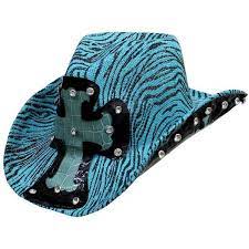 Turquoise Blue Zebra Print Cowboy Hat With Cross 29 Liked On Polyvore Featuring Accessories Hats Cowboy Rocker Turquois Cowboy Hats Cowgirl Hats Cowboy