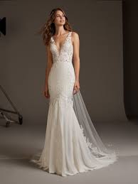 Destination lace wedding dress,open back wedding dress with long sleeves,12144. V Neck Crepe Mermaid Wedding Dress Kleinfeld Bridal