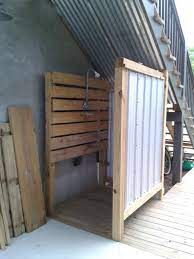 Creating An Outside Shower Under Stairs First Step Put Tin On Ceiling Outdoor Toilet Outdoor Bathrooms Outside Showers