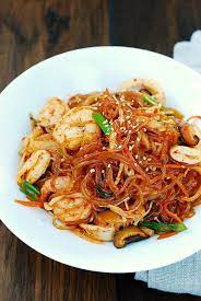 Spicy Seafood Japchae Korean Stir Fried Sweet Potato Noodles Recipe In 2020 Sweet Potato Noodles Glass Noodles Recipe Sweet Potato Stir Fry