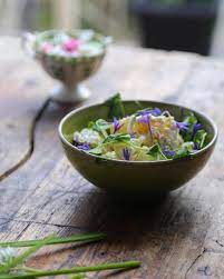 Potato Salad With Cornflowers And Cucumber And Rose Soup Edible Flower Recipes For The Hamandhigh Food Suppl Edible Flowers Recipes Flower Food Garlic Flower