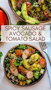 Spicy Sausage Tomato And Avocado Salad Recipe Sausage Salad Recipe Autumn Salad Recipes Vegetable Salad Recipes