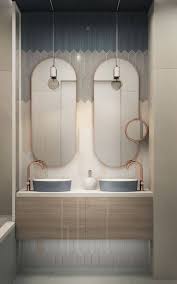 Color Block Wall Tile In Bathroom With Vessel Sinks And Copper Faucets Double Sink Bathroom Bathroom Decor Double Sink Bathroom Vanity