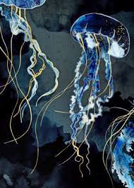 Metallic Ocean Sea Water Jellyfish Marine Gold Blue Cobalt Indigo Dream Watercolor Ink Digital Abstract Contemporary Modern Nature Art Prints Metal Posters Art
