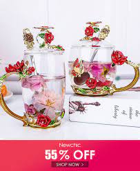 Crystal Glass Enamel Rose Flower Tea Cup Juice Coffee Mugs Festival Gift Tea Cups Flower Tea Gift Decorations