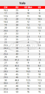 Valo Skates Size Chart