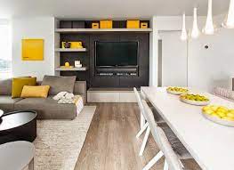 Apartamento En Esquema De Color Gris Con Amarillos Esquemas De Color Gris Decoracion De Interiores Living Muebles Para Tv