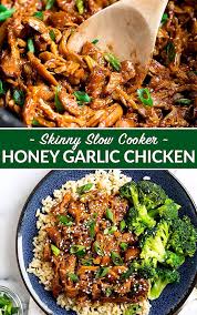 Healthy Slow Cooker Honey Garlic Chicken Thighs Just 8 Ingredients Juicy Chicken In A Sweet Sticky Honey Garlic Sauce Our In 2020 Mahlzeit Rezepte Gesunde Rezepte