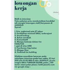 Info lowongan kerja terbaru 2021 untuk lulusan sma smk d1 d2 d3 s1 semua jurusan 0852 2552 5576 (iklan wa only) lowonganterpadu.com t.me/lowonganterpadu. Lowongan Kerja Staff Jassolo Toko Pakaian Pria Info Loker Solo