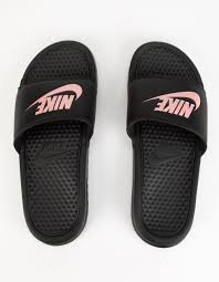 Black And Gold Nike Slides Nike Benassi Black Rose Gold Womens Slide Sandals Blkco 358307149 In 2020 Slides Shoes Nike Nike Slides For Girls Jordan Shoes Girls