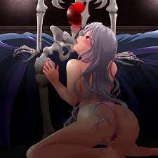 1boy 1girls ainz ooal gown ass commentary request fellatio female  fingering hair down jewelry k-ta kneeling long hair masturbation nail  polish nude oral overlord (maruyama) panties panties aside pink