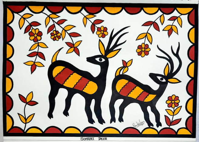Traditional Sohrai painting depicting tribal wildlife, AI generated