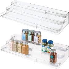 Measure from the inside cabinet wall to the edge of the hinge or door (whichever protrudes into the opening the most. Amazon Com Mdesign Large Plastic Adjustable Expandable Kitchen Cabinet Pantry Step Shelf Organizer Spice Rack With 3 Levels Of Storage For Spice Bottles Jars Seasonings Baking Supplies 2 Pack Clear Kitchen Dining