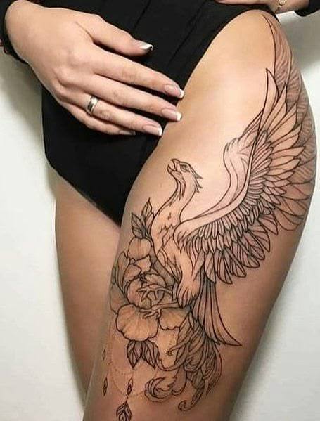 Phoenix tattoo on thigh for women | Phoenix tattoo feminine hip thigh, Phoenix tattoo design, Tattoo