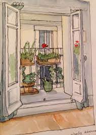 Watercolor Sketch Of A Balcony In Paris Sketch Painting Window Sketch Watercolor Sketch