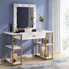 White and gold touch screen dimming mirror with bluetooth speakers vanity dressing table set. Everly Quinn White Vanity Table With Lighted Mirror Makeup Dressing Table With Large Drawer And Storage Shelf Dresser Table For Women Wayfair