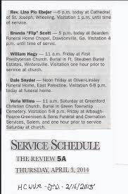 Service Schedule East Liverpool Review East Liverpool Columbiana County Ohio Thursday April 3 2014 Page Service Schedule East Liverpool Transcription