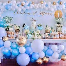 Popular Boys Balloon Decorations Blue White And Gold Baby Shower Balloons Baby Shower Parties Baby Shower Themes