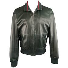 Men S Gucci Bomber Jacket Size 42 Forest Green Leather Striped Collar From A Collection Of Rare Vintage Co Leather Jacket Leather Jacket Men Leather Striped