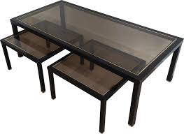Chrome coffee table with black lacquer top. Vintage Coffee Table And Pair Of Nesting Tables In Black Lacquered Metal And Brass 1960s Design Market