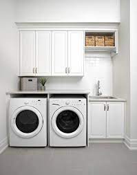 White Modern Laundry Room Features Raised Panel Cabinets Over An Enclosed Washer And Dryer Next Arredamento Lavanderia Lavanderie Moderne Design Piccola Camera