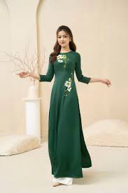 VossBoutiqueByAnnaVo Green Vietnamese Traditional AO Dai Long Dress with 3D Flower , Including Pants