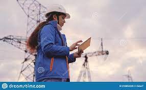 An Engineer At A High Voltage Power Plant Works In A Tablet At Sunset In  The Sky, Electrical Energy Design, Industry Stock Image - Image Of  Equipment, Electricity: 218852249