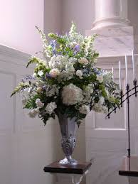 Elegant White And Blue Floral Arrangement For Church Setting Large Flower Arrangements Large Floral Arrangements Church Flower Arrangements