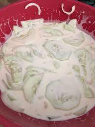 Cucumber Salad 1 1 2 C Mayo 1 2 C Sugar 1 Tbsp White Vinegar Salt And Pepper 4 Cucumbers One Small Onion Cucumber Salad Miracle Whip Cucumber Recipes
