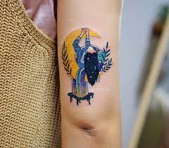 Yellow Crescent Moon With A Girl On It And Watercolor Rainbow Tiny Tattoos For Women Tattoos Rainbow Tattoos