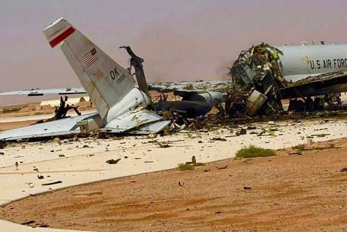 Image of US Air Force plane completely destroyed following Iranian strikes at Prince Sultan Air Base in Saudi Arabia. The image shows wreckage of a USAF E-3 Sentry AWACS aircraft damaged in