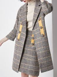 Gray 3 4 Sleeve Pockets Houndstooth Lapel Coat Outerwear Women Tartan Fashion Coats For Women