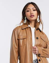 Stradivarius Faux Leather Tie Waist Jacket In Beige Asos Beige Leather Jacket Outfit Waist Jacket Leather Jacket Outfits