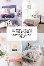 A bright feminine bedroom with a cnaopy bed, a wooden bench and a woven chair, a statement plant and a floral chandelier. 77 Romantic And Tender Feminine Bedroom Design Ideas Digsdigs