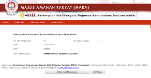 Sukacita dimaklumkan bahawa jadual bayaran balik (jbb) pinjaman pelajaran mara kini boleh disemak melalui sistem ebaki. Pengurangan Bayaran Balik Pinjaman Mara Secara Online Zatty
