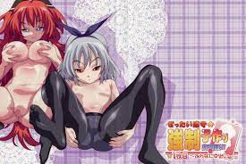 2girls :3 areolae blue eyes breast grab breasts feet flat chest  hair ribbon katsuragi sara kirishima misaki large breasts legs up long hair  multiple girls murakami teruaki navel nipples
