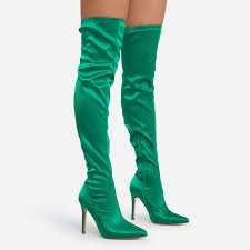 Hoola Pointed Toe Over The Knee Thigh High Long Sock Boot In Dark Green Satin Ego
