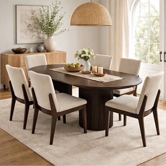 Contemporary wooden dining set arrangement, AI generated